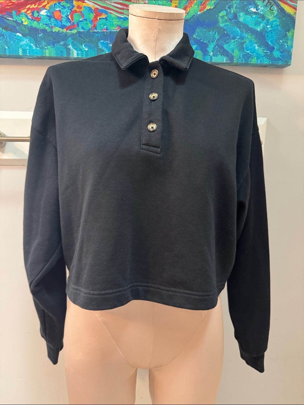 ALO Yoga Black Cropped Button-Front Polo Sweatshirt